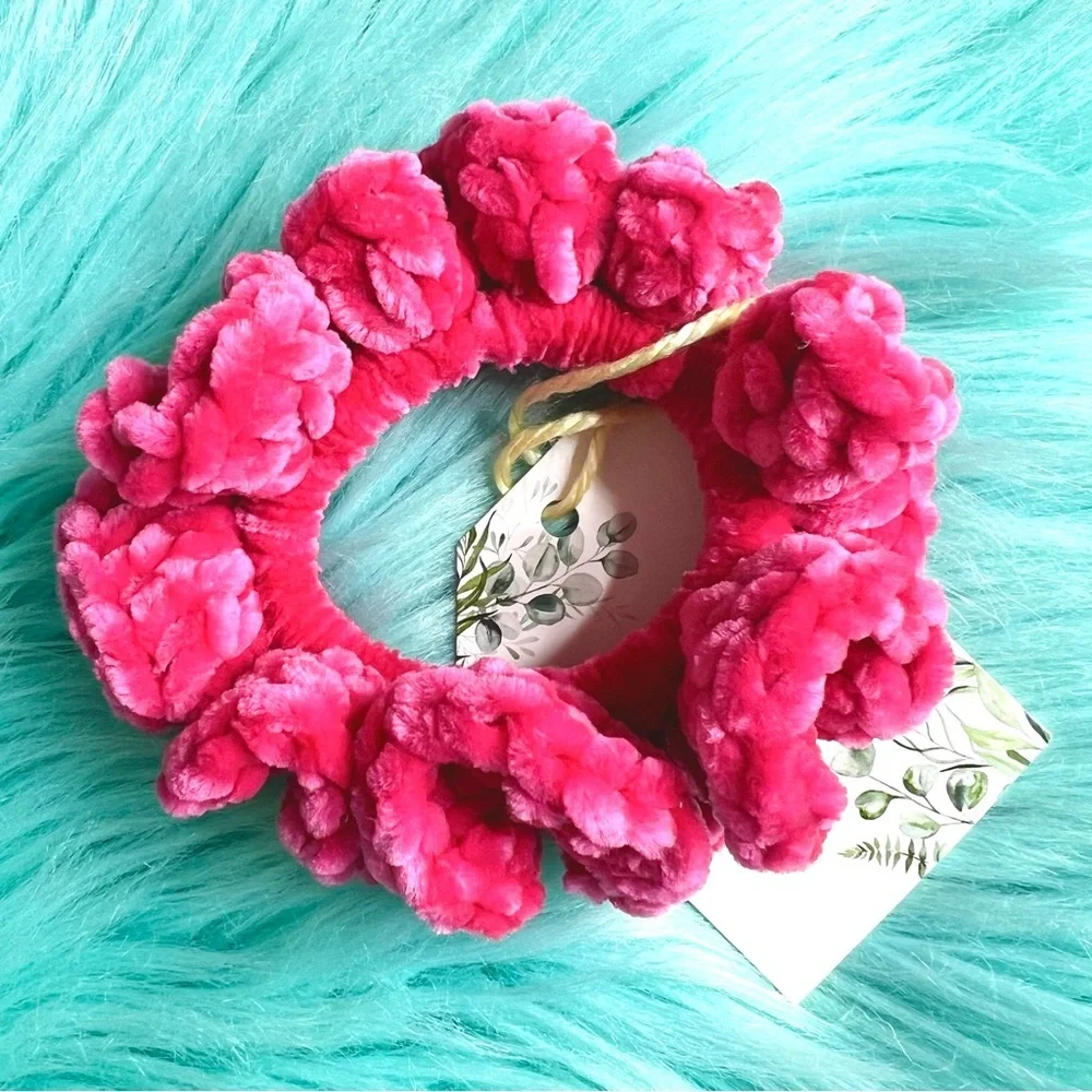 Handmade Crochet VELVET Luxe Hot Pink Candy Plush Hair Scrunchie PinkRainCloud